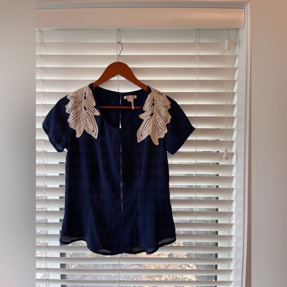 Navy Blue Blouse with White Shoulder Embroidery - Picture 2 of 7